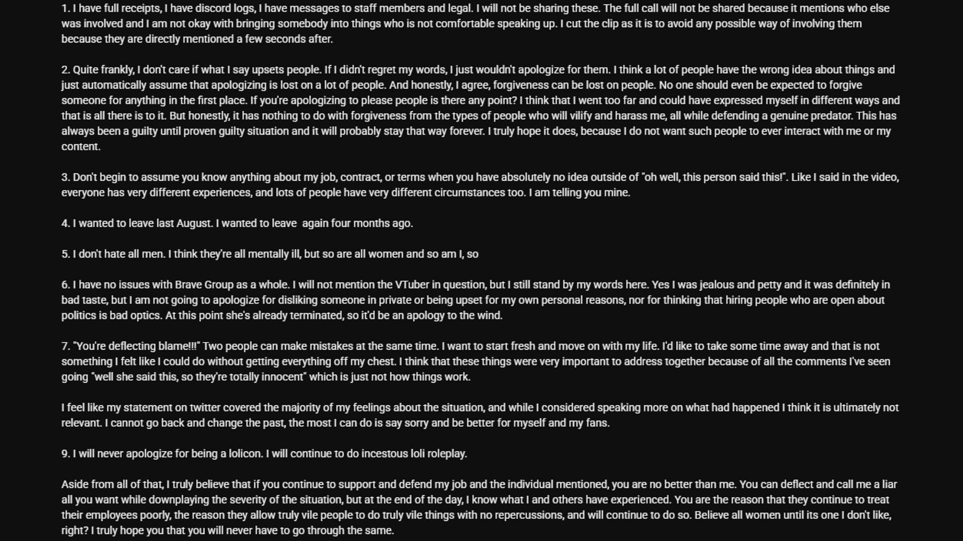 Twisty Amanozako's complete pinned comment with nine points offering more context to her livestreamed apology (Image via @DELULUDELIRIA/YouTube)